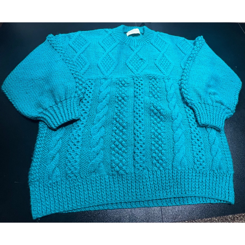 Crana Handknits Ireland Pure Wool Teal Cable Knit Fisherman Sweater Mens XL
